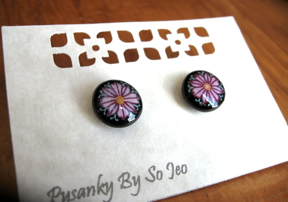 Tiny Pink Flowers Stud Earrings Pysanky Jewelry by So Jeo